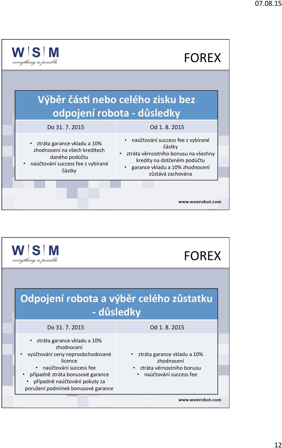 Odpojení robota a výběr celého zůstatku - důsledky ztráta garance vkladu a 10% zhodnocení vyúčtování ceny neproobchodované licence naúčtování success fee případně