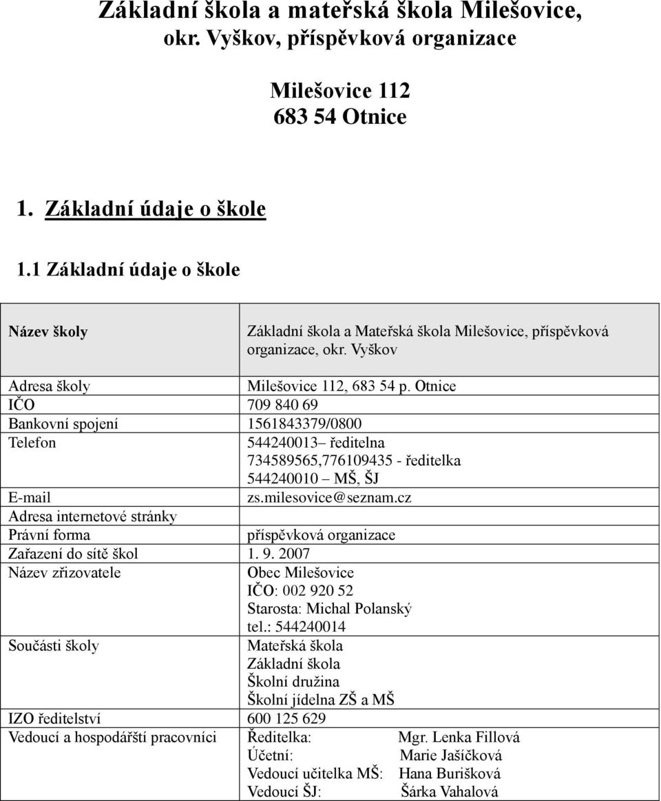 Otnice IČO 709 840 69 Bankovní spojení 1561843379/0800 Telefon 544240013 ředitelna 734589565,776109435 - ředitelka 544240010 MŠ, ŠJ E-mail zs.milesovice@seznam.