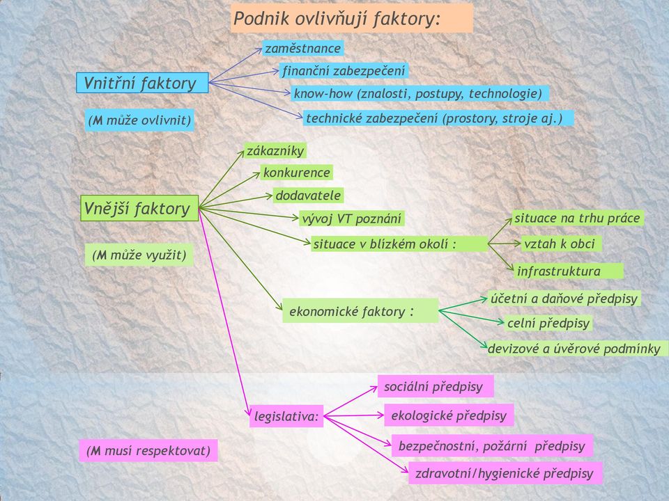 ) Vnější faktory (M může využit) zákazníky konkurence dodavatele vývoj VT poznání situace v blízkém okolí : ekonomické faktory : situace na