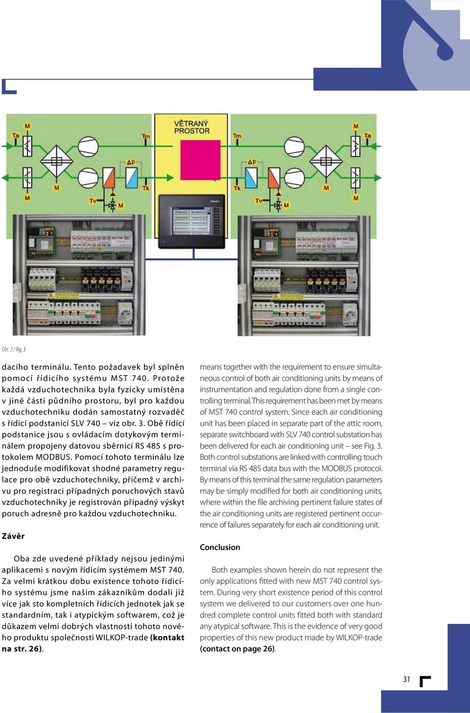 Obě řídící podstanice jsou s ovládacím dotykovým terminálem propojeny datovou sběrnicí RS 485 s protokolem MODBUS.