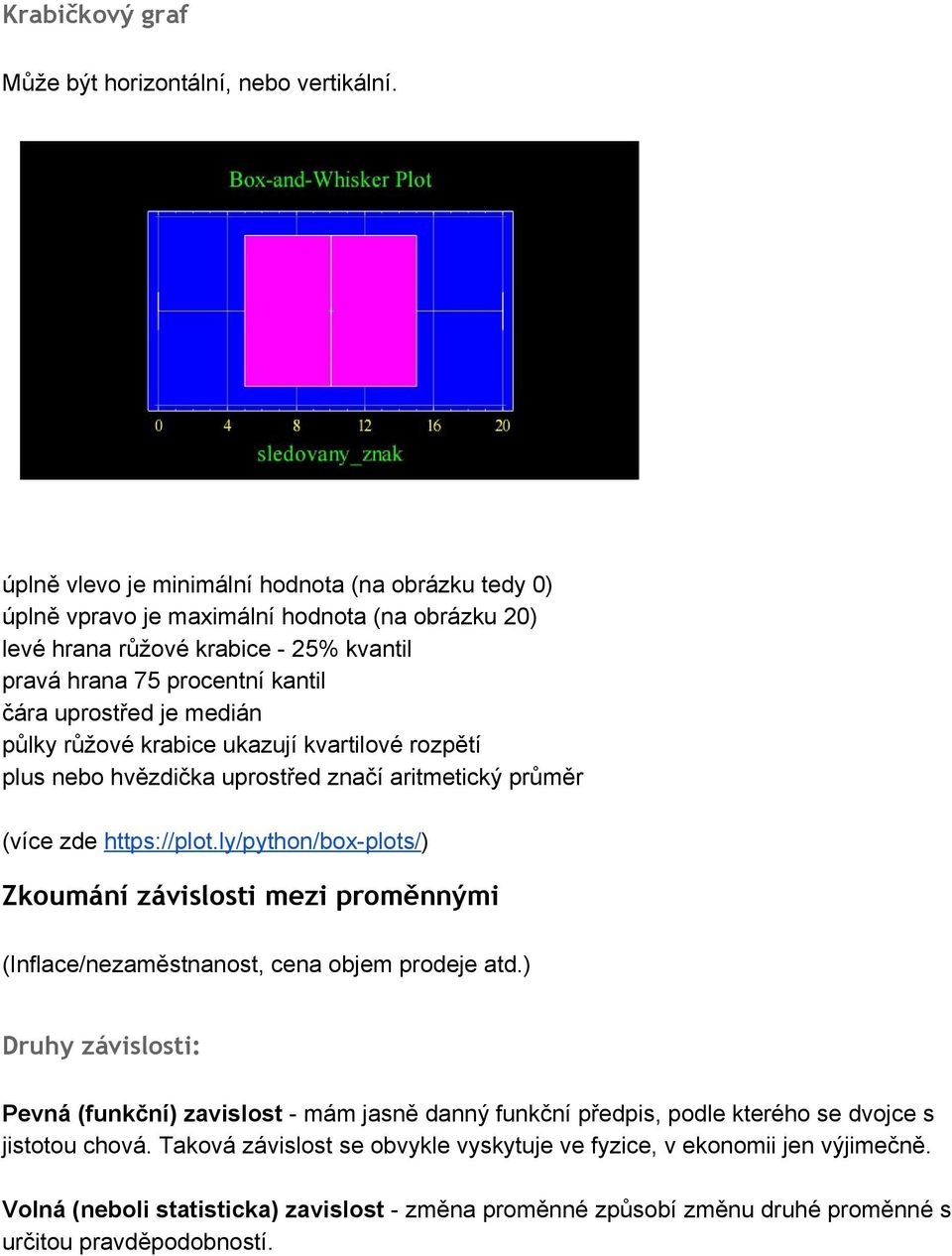 půlky růžové krabice ukazují kvartilové rozpětí plus nebo hvězdička uprostřed značí aritmetický průměr (více zde https://plot.