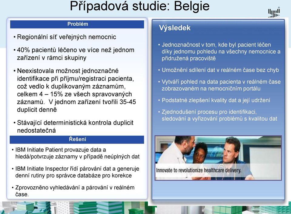 V jednom zařízení tvořili 35-45 duplicit denně Stávající deterministická kontrola duplicit nedostatečná Řešení Výsledek Jednoznačnost v tom, kde byl pacient léčen díky jednomu pohledu na všechny