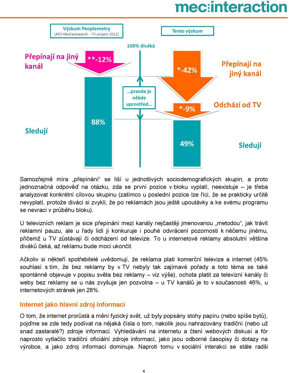 U televizních reklam je sice přepínání mezi kanály nejčastěji jmenovanou metodou, jak trávit reklamní pauzu, ale u řady lidí ji konkuruje i pouhé odvrácení pozornosti k něčemu jinému, přičemž u TV