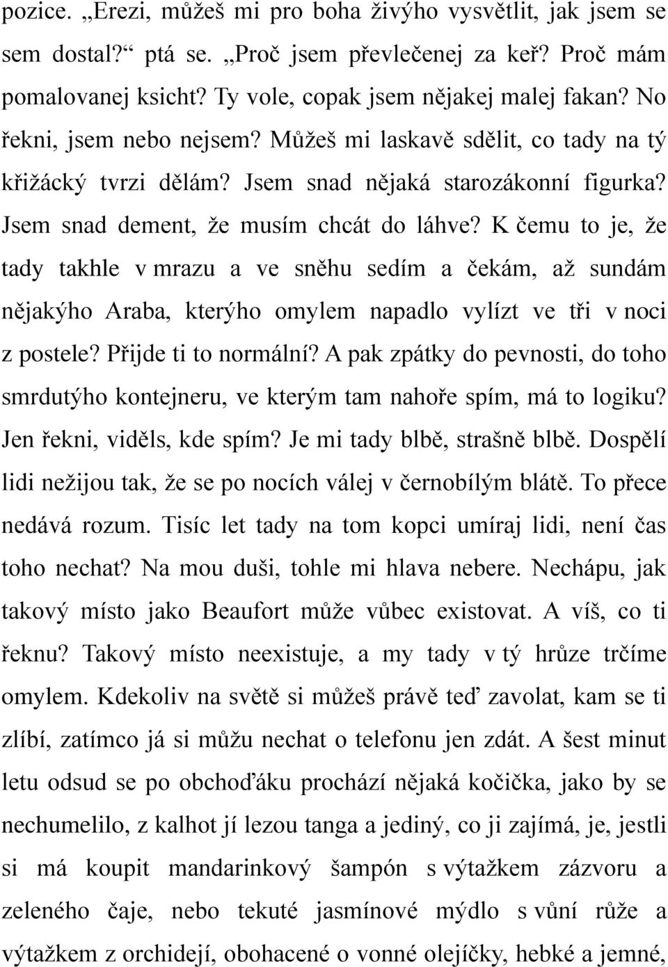 K čemu to je, že tady takhle v mrazu a ve sněhu sedím a čekám, až sundám nějakýho Araba, kterýho omylem napadlo vylízt ve tři v noci z postele? Přijde ti to normální?