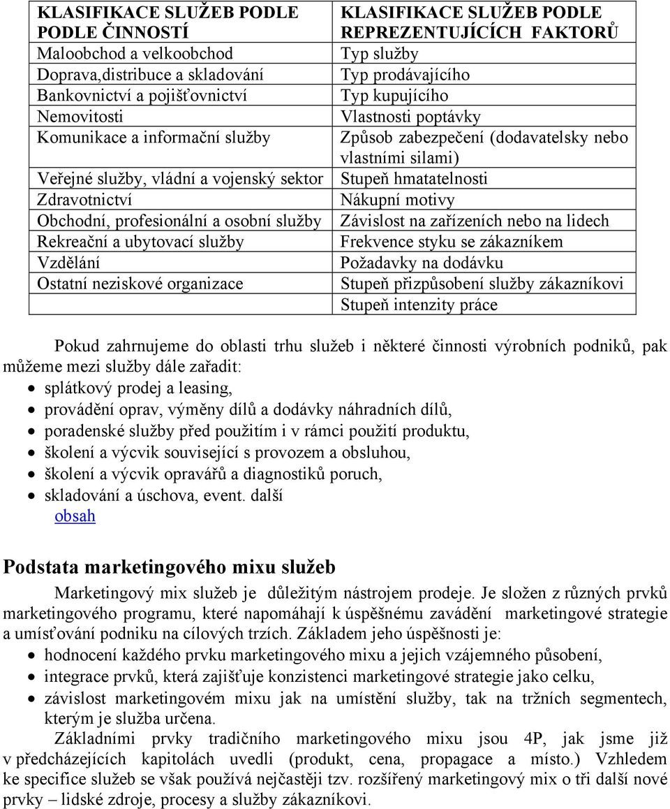 Typ prodávajícího Typ kupujícího Vlastnosti poptávky Způsob zabezpečení (dodavatelsky nebo vlastními silami) Stupeň hmatatelnosti Nákupní motivy Závislost na zařízeních nebo na lidech Frekvence styku