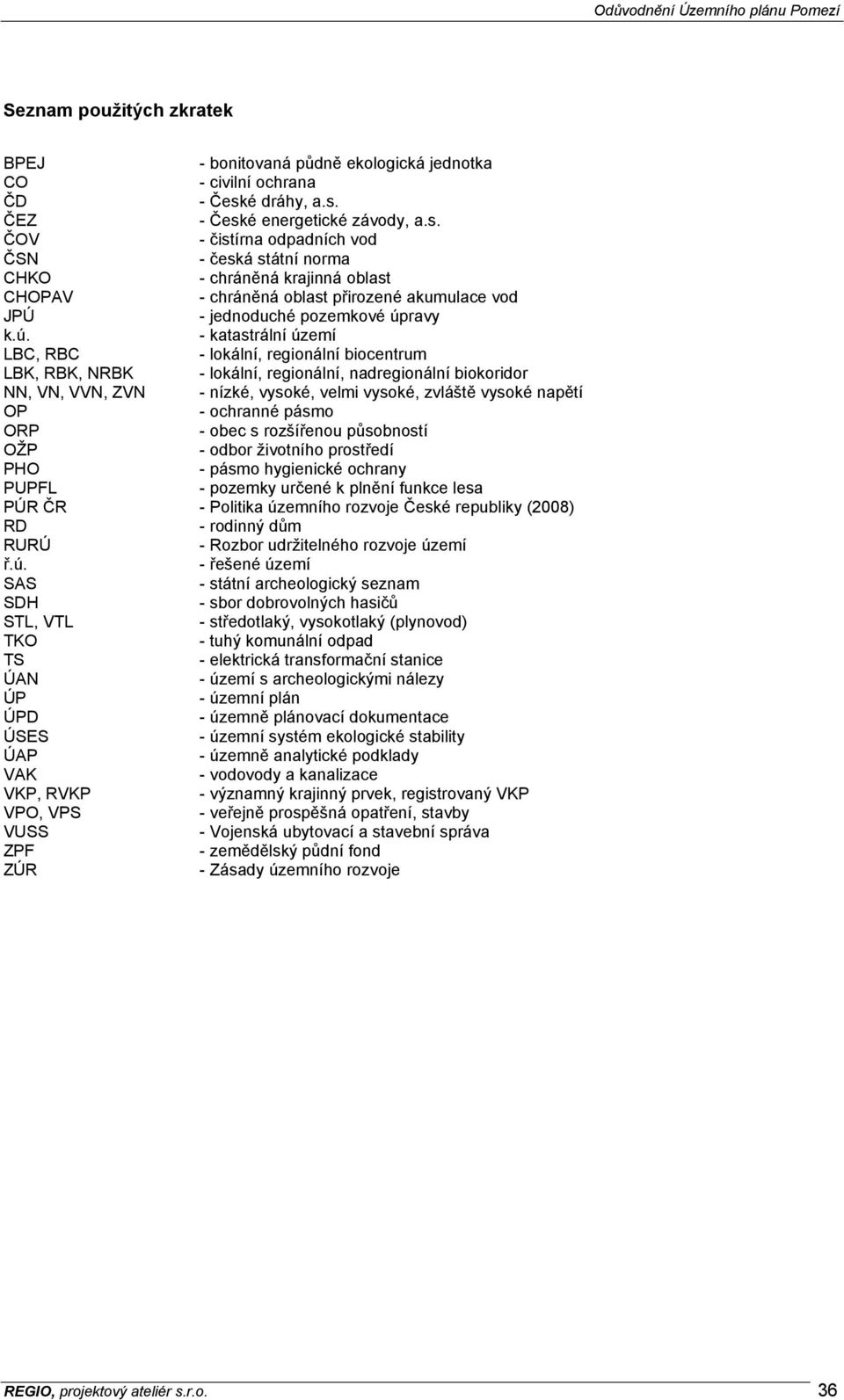 ú. - katastrální území LBC, RBC - lokální, regionální biocentrum LBK, RBK, NRBK - lokální, regionální, nadregionální biokoridor NN, VN, VVN, ZVN - nízké, vysoké, velmi vysoké, zvláště vysoké napětí