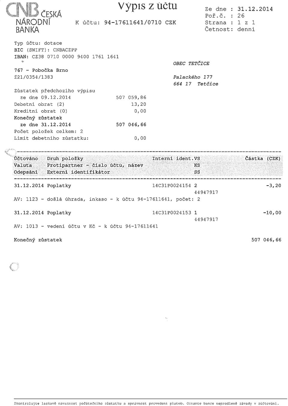 vs částka (CZK) Valuta Protipartner číslo účtu, název KS depsání Externí identifikátor SS 31.12.