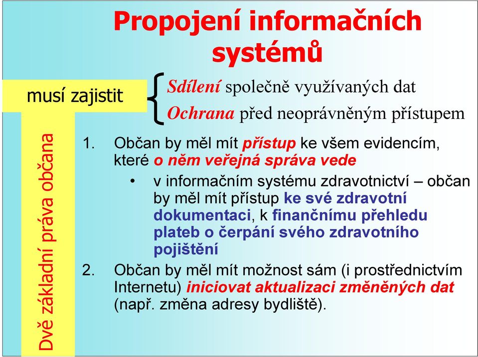 Občan by měl mítpřístup ke všem evidencím, které o něm veřejná správa vede v informačním systému zdravotnictví občan by měl