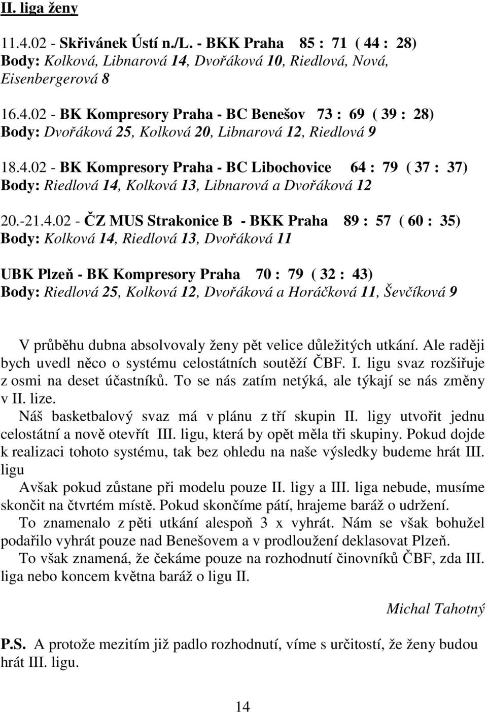 14, Riedlová 13, Dvořáková 11 UBK Plzeň - BK Kompresory Praha 70 : 79 ( 32 : 43) Body: Riedlová 25, Kolková 12, Dvořáková a Horáčková 11, Ševčíková 9 V průběhu dubna absolvovaly ženy pět velice