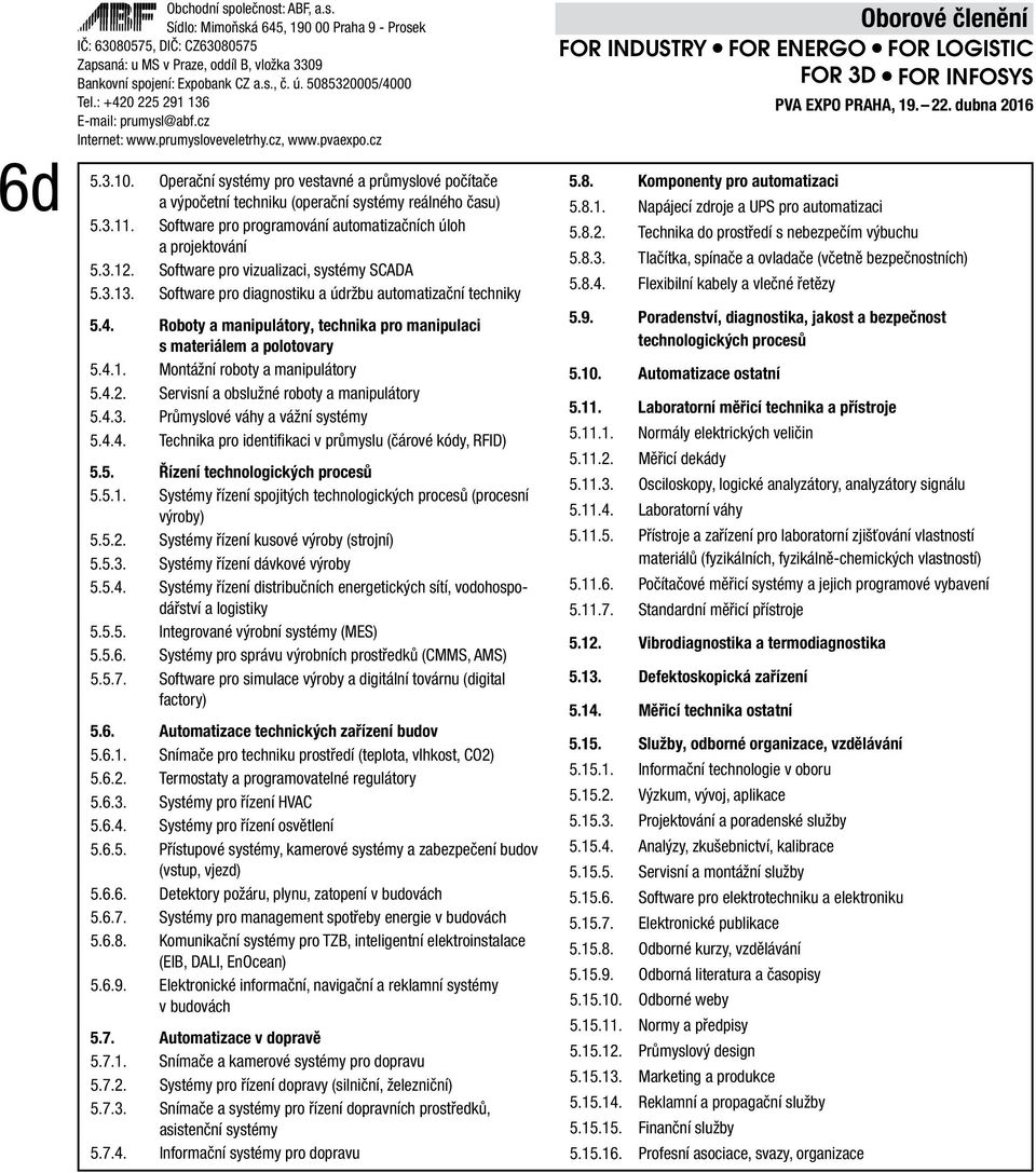 4.2. Servisní a obslužné roboty a manipulátory 5.4.3. Průmyslové váhy a vážní systémy 5.4.4. Technika pro identifikaci v průmyslu (čárové kódy, RFID) 5.5. Řízení technologických procesů 5.5.1.