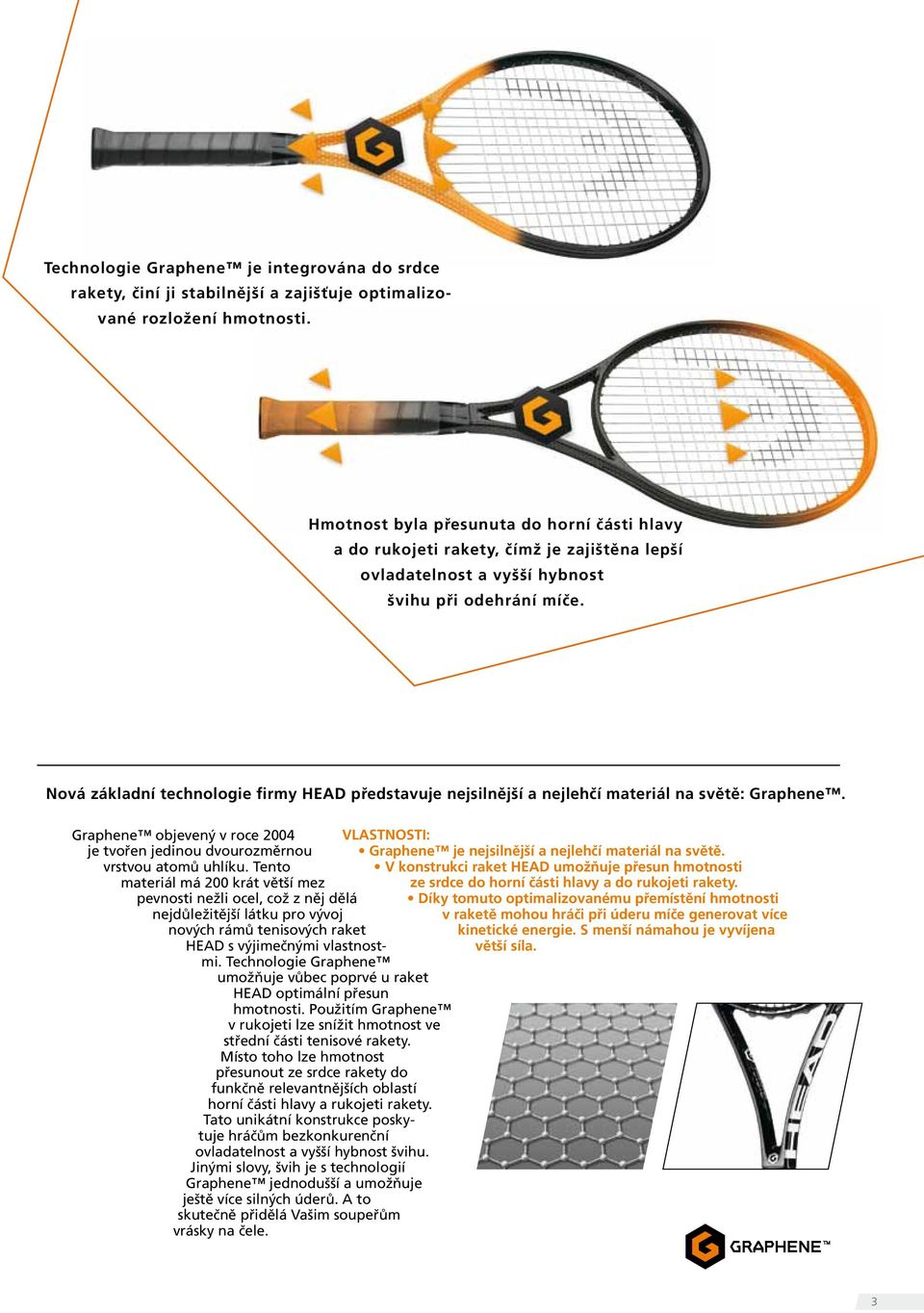 Nová základní technologie firmy HEAD představuje nejsilnější a nejlehčí materiál na světě: Graphene. Graphene objevený v roce 2004 VLASTNOSTI: je tvořen jedinou dvourozměrnou vrstvou atomů uhlíku.