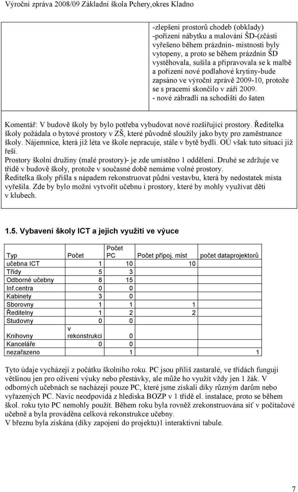 - nové zábradlí na schodišti do šaten Komentář: V budově školy by bylo potřeba vybudovat nové rozšiřující prostory.