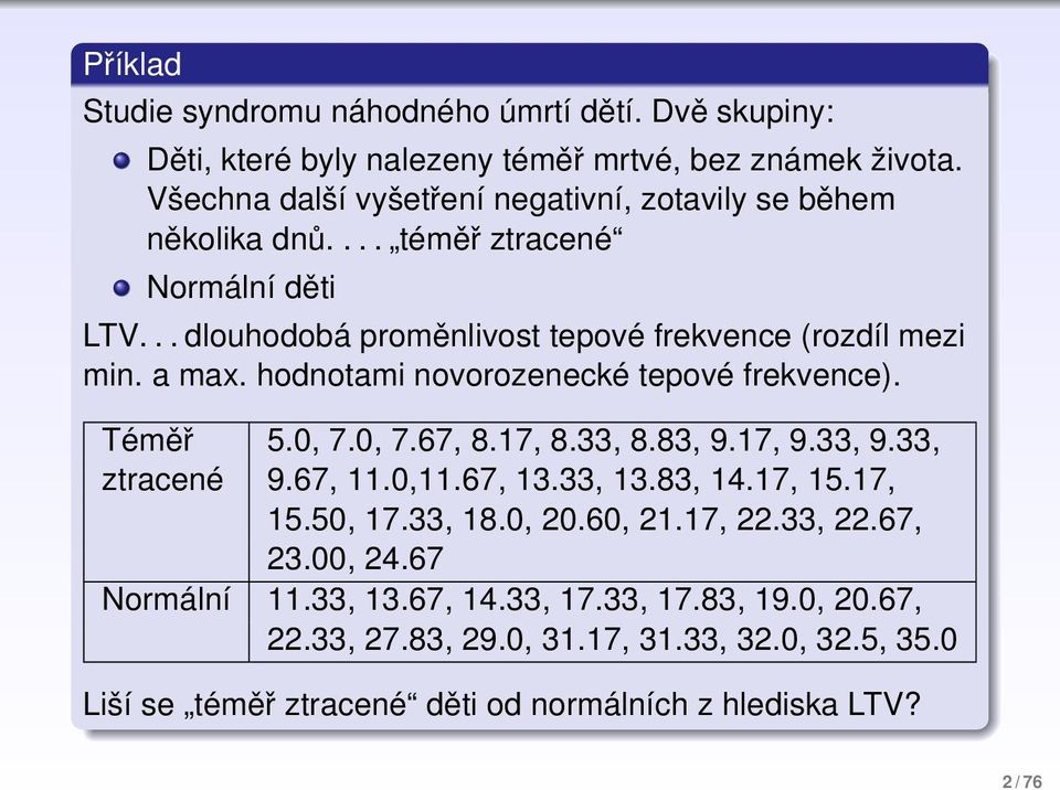 a max. hodnotami novorozenecké tepové frekvence). Téměř 5.0, 7.0, 7.67, 8.17, 8.33, 8.83, 9.17, 9.33, 9.33, ztracené 9.67, 11.0,11.67, 13.33, 13.83, 14.17, 15.17, 15.50, 17.