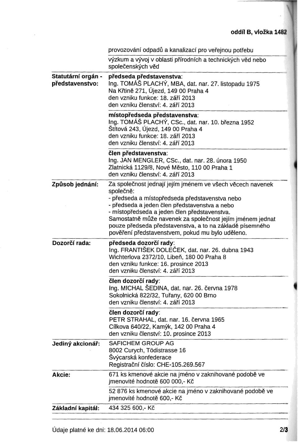 zaff 2013 den vzniku clenstvf: 4. zarf 2013 mlstopredseda predstavenstva: lng. TOMAS PLACHY, CSc., dat. nar. 10. bfezna 1952 Stftova 243, Ojezd, 149 00 Praha 4 den vzniku funkce: 18.