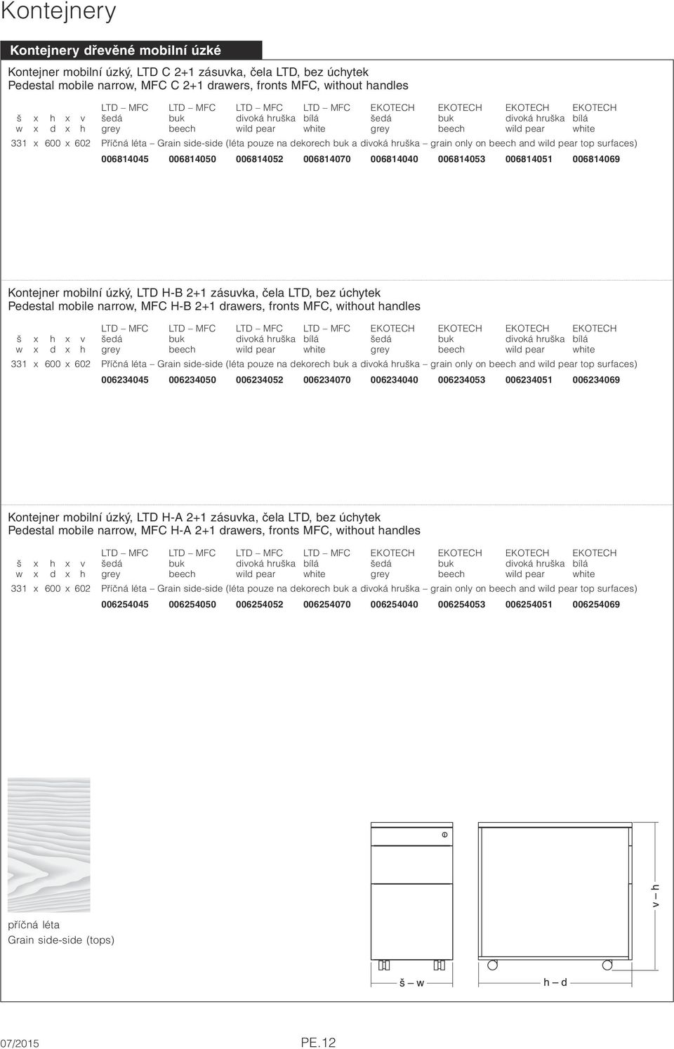 drawers, fronts MFC, without handles 331 x 600 x 602 006234045 006234050 006234052 006234070 006234040 006234053 006234051 006234069 Kontejner mobilní úzký, LTD H-A 2+1 zásuvka, čela LTD, bez