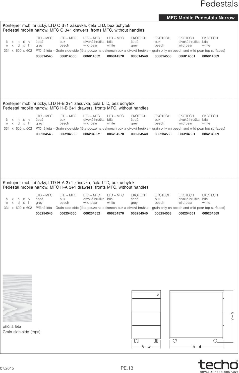 fronts MFC, without handles 331 x 600 x 602 006234545 006234550 006234552 006234570 006234540 006234553 006234551 006234569 Kontejner mobilní úzký, LTD H-A 3+1 zásuvka, čela LTD, bez úchytek