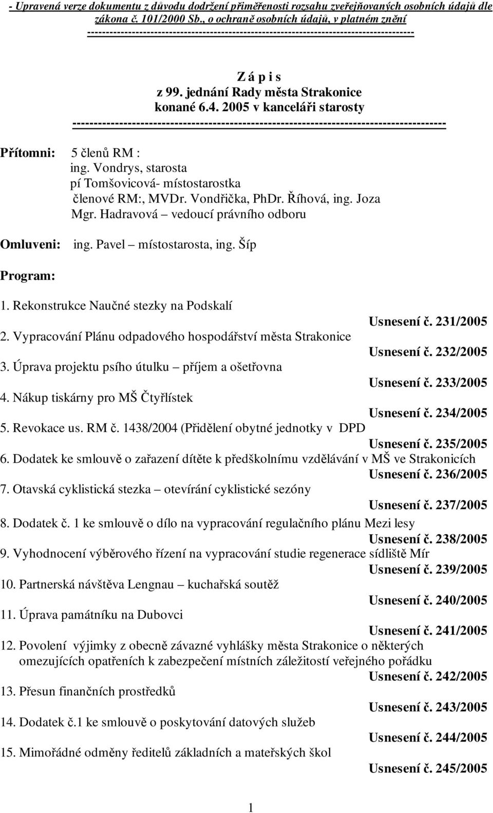 2005 v kanceláři starosty ---------------------------------------------------------------------------------------- Přítomni: 5 členů RM : ing.
