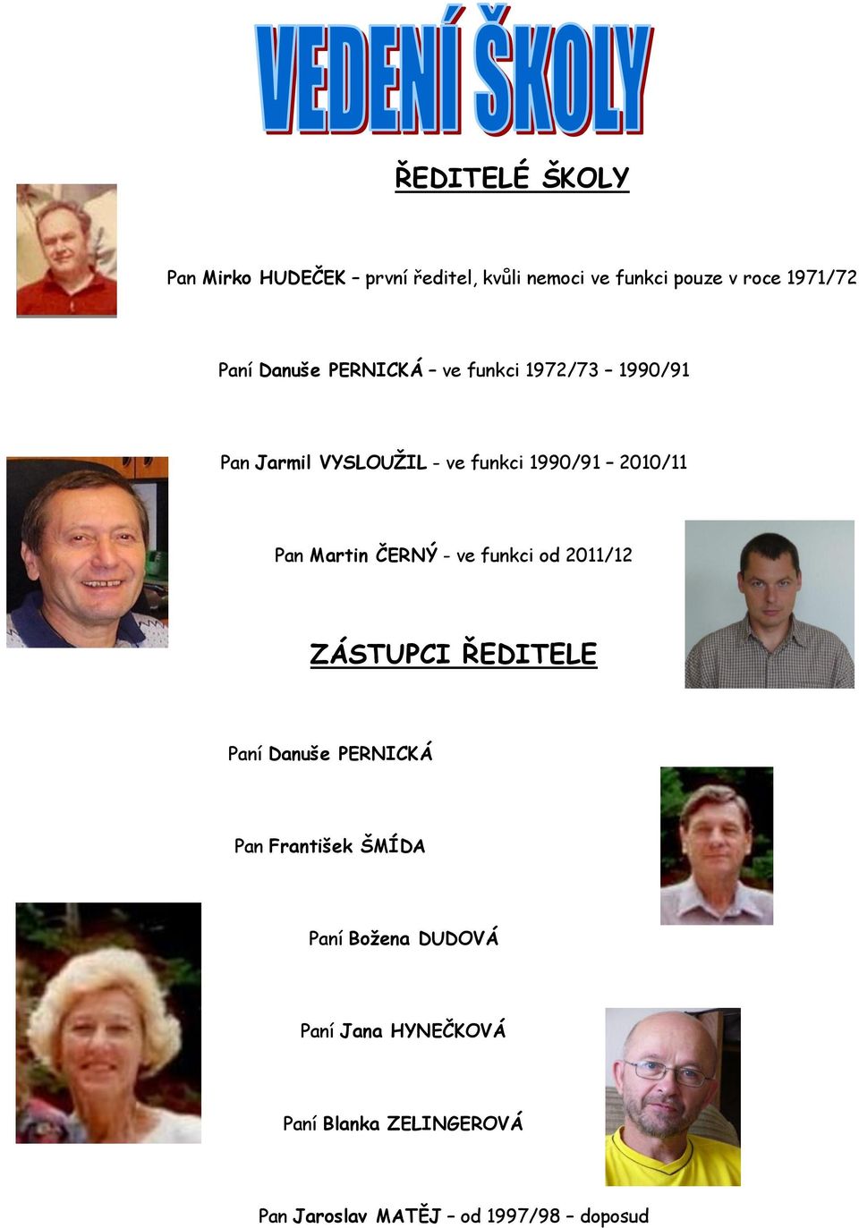 Martin ČERNÝ - ve funkci od 2011/12 ZÁSTUPCI ŘEDITELE Paní Danuše PERNICKÁ Pan František ŠMÍDA