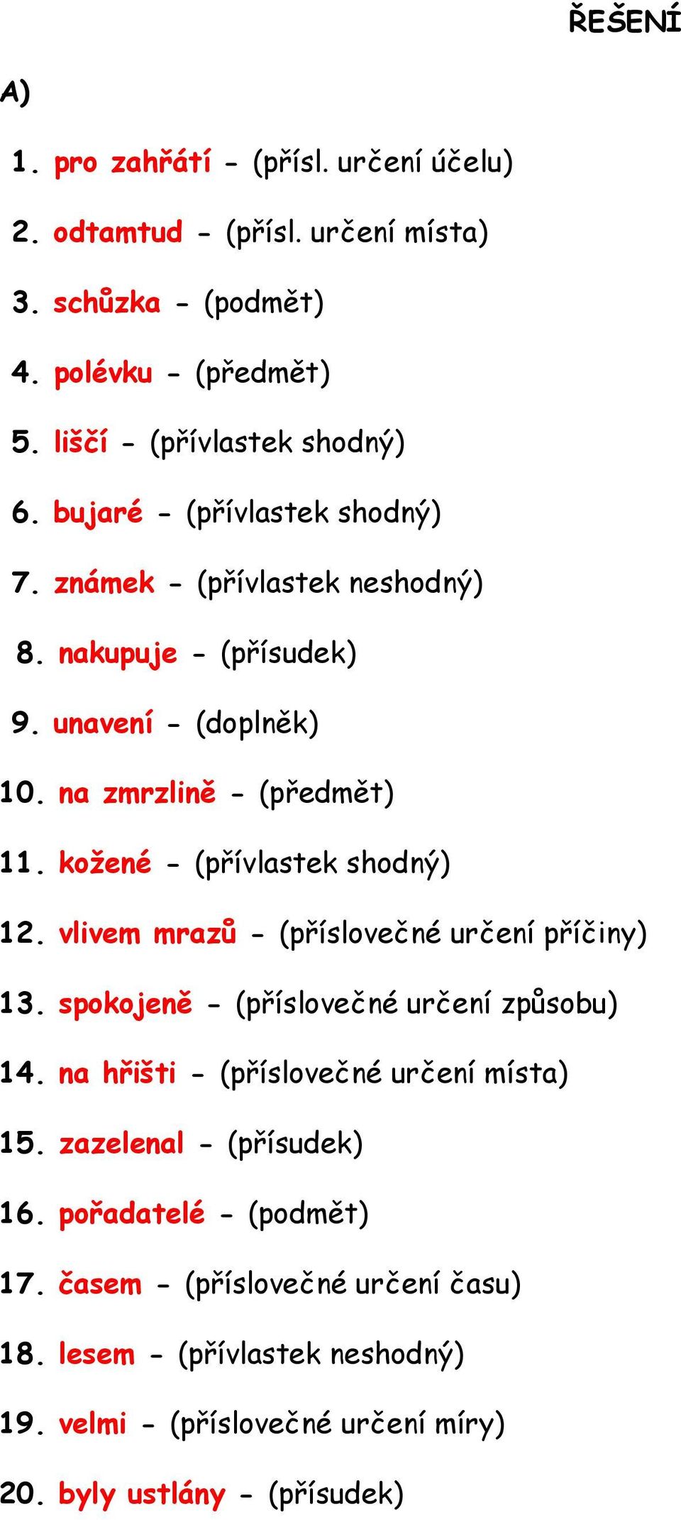 kožené - (přívlastek shodný) 12. vlivem mrazů - (příslovečné určení příčiny) 13. spokojeně - (příslovečné určení způsobu) 14.