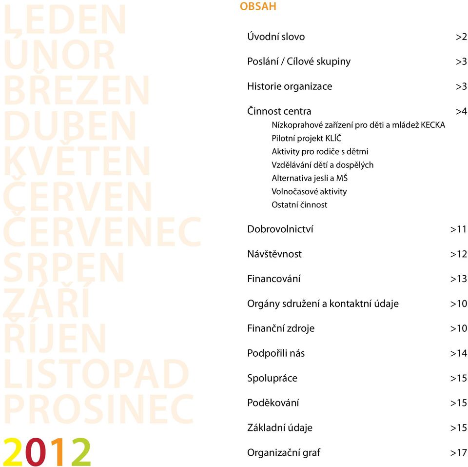 Vzdělávání dětí a dospělých Alternativa jeslí a MŠ Volnočasové aktivity Ostatní činnost Dobrovolnictví >11 Návštěvnost >12 Financování >13