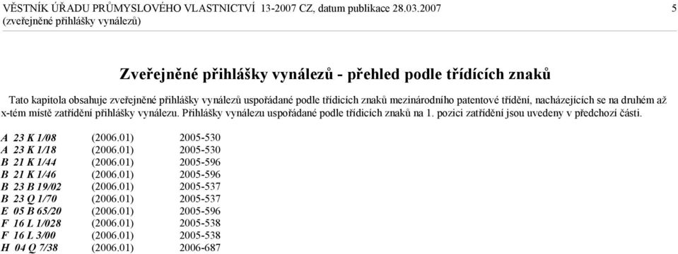 Přihlášky vynálezu uspořádané podle třídicích znaků na 1. pozici zatřídění jsou uvedeny v předchozí části.