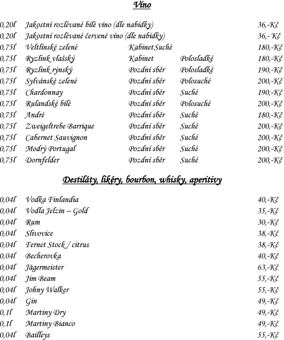 Polosuché 200,-Kč 0,75l André Pozdní sběr Suché 180,-Kč 0,75l Zweigeltrebe Barrique Pozdní sběr Suché 200,-Kč 0,75l Cabernet Sauvignon Pozdní sběr Suché 200,-Kč 0,75l Modrý Portugal Pozdní sběr Suché