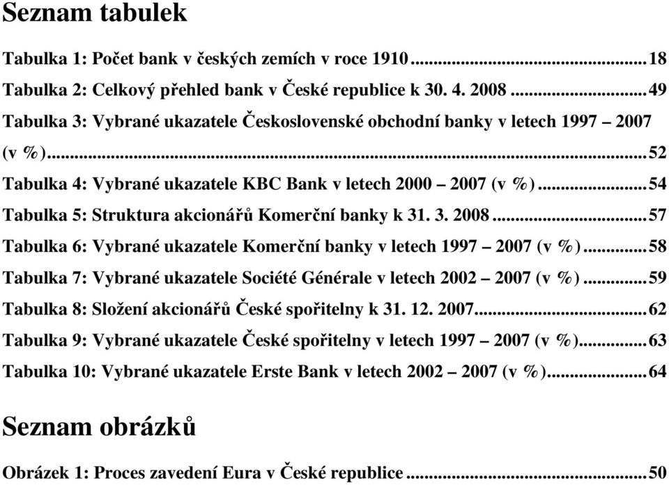 ..54 Tabulka 5: Struktura akcionářů Komerční banky k 31. 3. 2008...57 Tabulka 6: Vybrané ukazatele Komerční banky v letech 1997 2007 (v %).