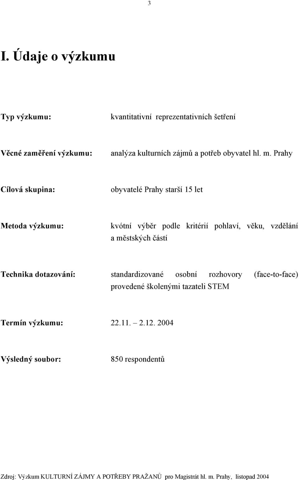 Prahy Cílová skupina: obyvatelé Prahy starší 15 let Metoda výzkumu: kvótní výběr podle kritérií pohlaví, věku,