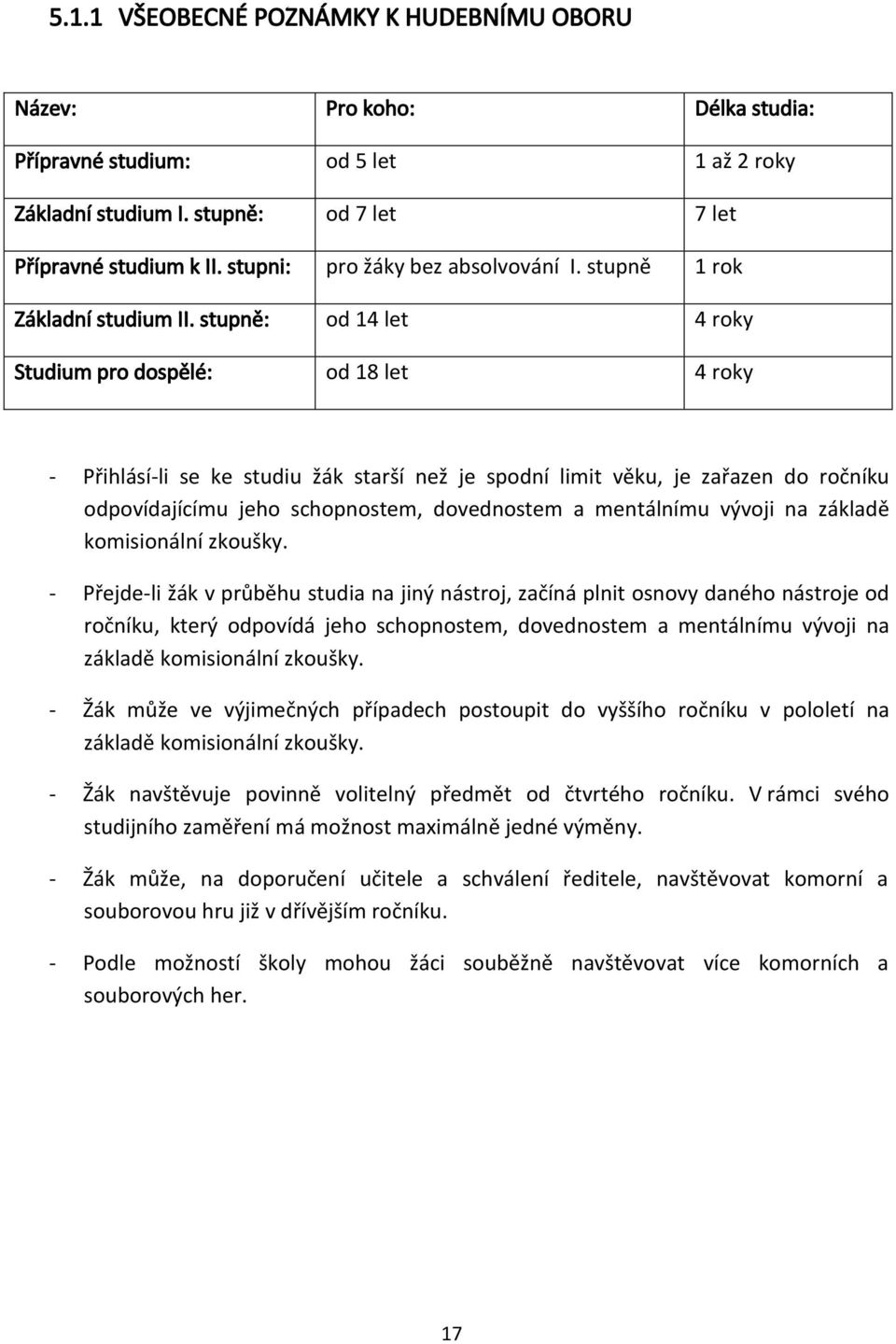 stupně: od 14 let 4 roky Studium pro dospělé: od 18 let 4 roky - Přihlásí-li se ke studiu žák starší než je spodní limit věku, je zařazen do u odpovídajícímu jeho schopnostem, dovednostem a