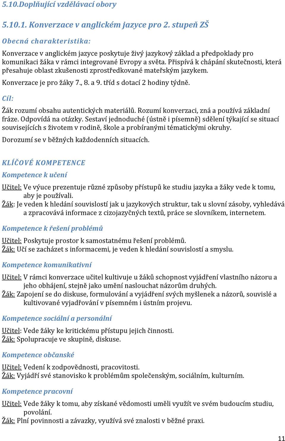 Přispívá k chápání skutečnosti, která přesahuje oblast zkušenosti zprostředkované mateřským jazykem. Konverzace je pro žáky 7., 8. a 9. tříd s dotací 2 hodiny týdně.