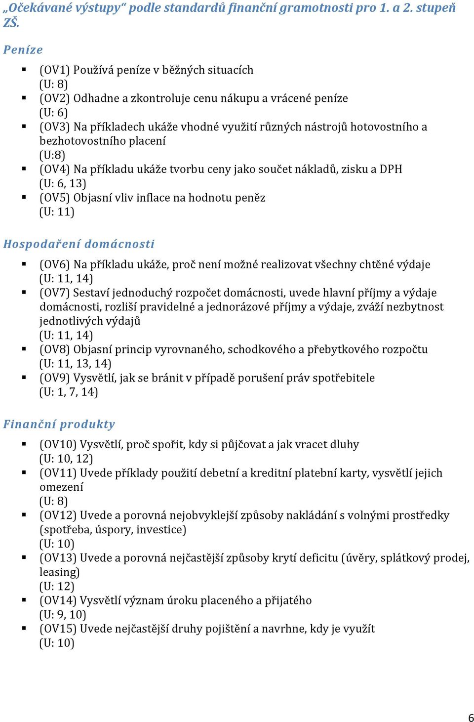 bezhotovostního placení (U:8) (OV4) Na příkladu ukáže tvorbu ceny jako součet nákladů, zisku a DPH (U: 6, 13) (OV5) Objasní vliv inflace na hodnotu peněz (U: 11) Hospodaření domácnosti (OV6) Na