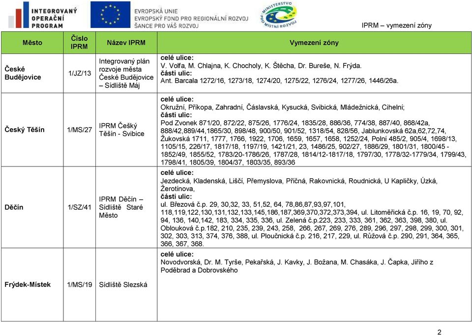 Český Těšín 1/MS/27 Češký Těšín - Svibice Okružní, Příkopa, Zahradní, Čáslavská, Kysucká, Svibická, Mládežnická, Cihelní; části ulic: Pod Zvonek 871/20, 872/22, 875/26, 1776/24, 1835/28, 886/36,