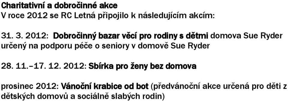 4. 2012, 10 16 v Domově31.3. 2012, 10 16 v 31.3. 2012, 10 16 v 31.5. Vánoční krabicdomově Sue Ryder v Praze (Michelská 1/7, Praha 4).