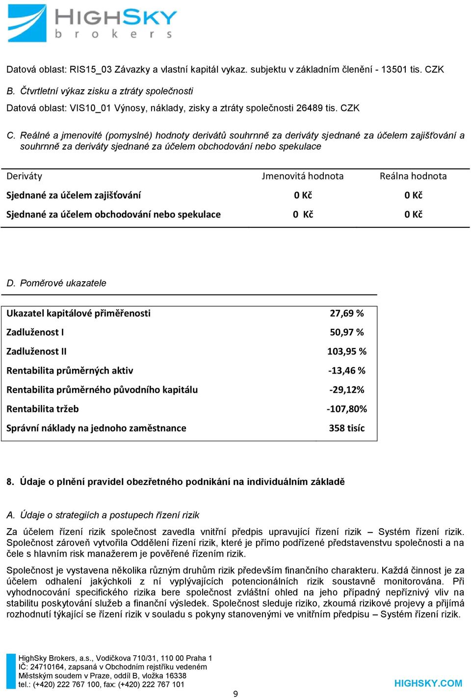 Reálné a jmenovité (pomyslné) hodnoty derivátů souhrnně za deriváty sjednané za účelem zajišťování a souhrnně za deriváty sjednané za účelem obchodování nebo spekulace Deriváty Jmenovitá hodnota