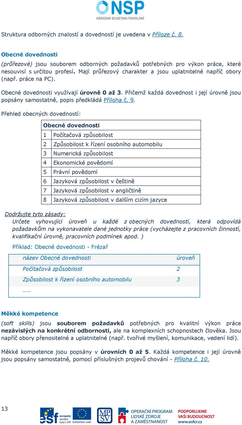 Přičemž každá dovednost i její úrovně jsou popsány samostatně, popis předkládá Příloha č. 9.