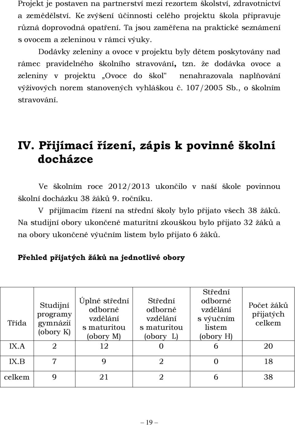 že dodávka ovoce a zeleniny v projektu Ovoce do škol" nenahrazovala naplňování výživových norem stanovených vyhláškou č. 107/2005 Sb., o školním stravování. IV.