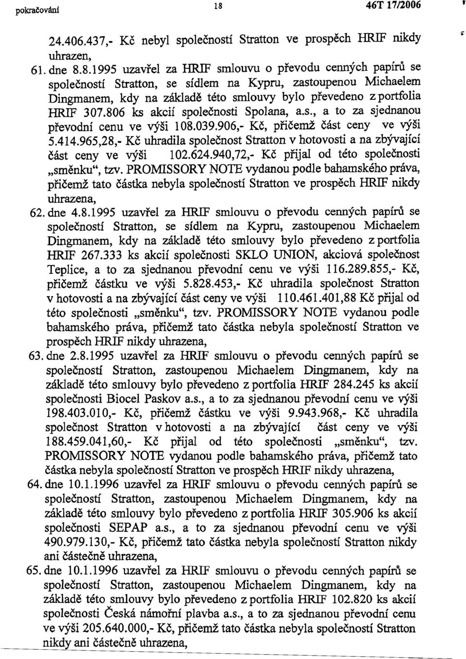 8.1995 uzavřel za HRIF smlouvu o převodu cenných papírů se společností Stratton, se sídlem na Kypru, zastoupenou Michaelem Dingmanem, kdy na základě této smlouvy bylo převedeno z portfolia HRIF 307.