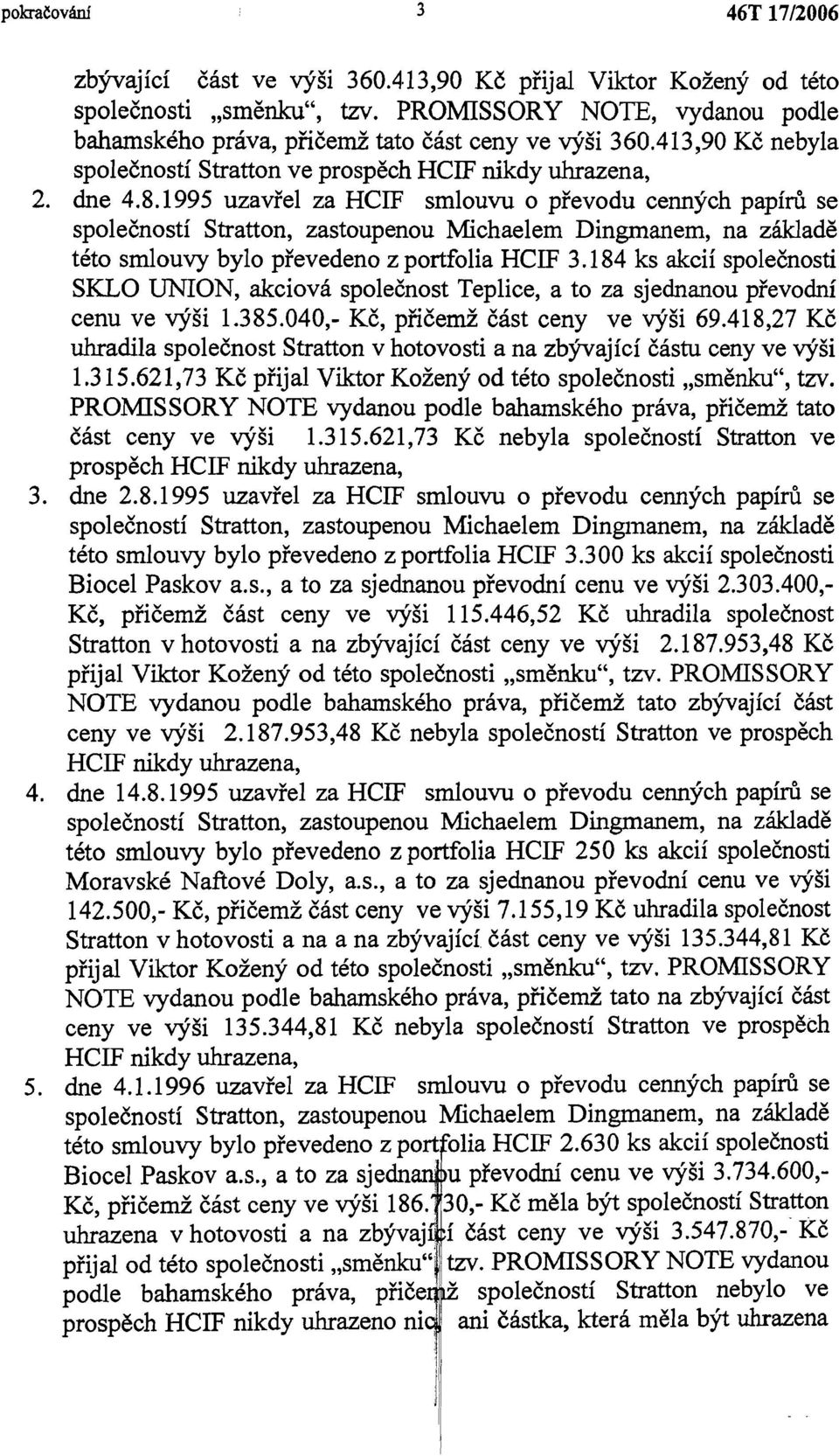 1995 uzavřel za HCIF smlouvu o převodu cenných papírů se společností Stratton, zastoupenou Michaelem Dingmanem, na základě této smlouvy bylo převedeno z portfolia HCIF 3.