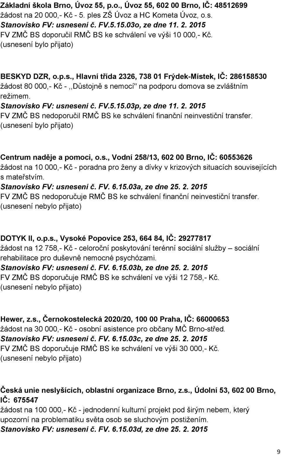 Centrum naděje a pomoci, o.s., Vodní 258/13, 602 00 Brno, IČ: 60553626 žádost na 10 000,- Kč - poradna pro ženy a dívky v krizových situacích souvisejících s mateřstvím. Stanovisko FV: usnesení č. FV. 6.15.