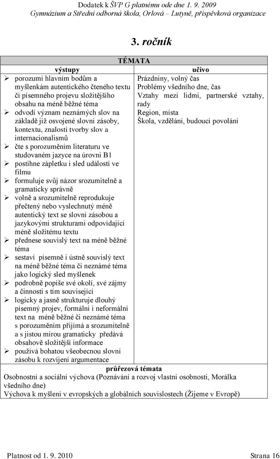 čte s porozuměním literaturu ve studovaném jazyce na úrovni B1 postihne zápletku i sled událostí ve filmu formuluje svůj názor srozumitelně a gramaticky správně volně a srozumitelně reprodukuje