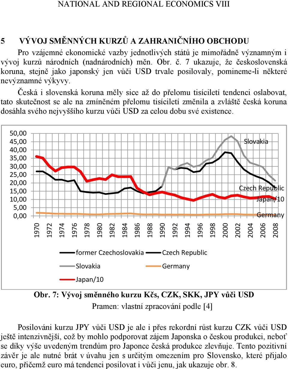 7 ukazuje, ţe československá koruna, stejně jako japonský jen vůči USD trvale posilovaly, pomineme-li některé nevýznamné výkyvy.