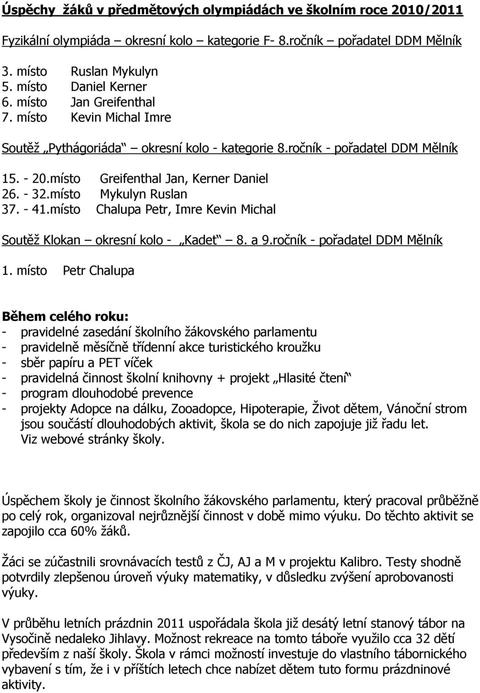 místo Mykulyn Ruslan 37. - 41.místo Chalupa Petr, Imre Kevin Michal Soutěž Klokan okresní kolo - Kadet 8. a 9.ročník - pořadatel DDM Mělník 1.