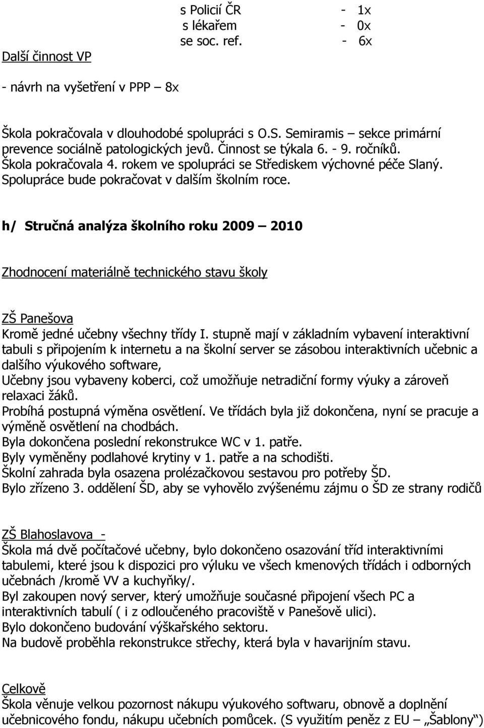 Spolupráce bude pokračovat v dalším školním roce. h/ Stručná analýza školního roku 2009 2010 Zhodnocení materiálně technického stavu školy ZŠ Panešova Kromě jedné učebny všechny třídy I.