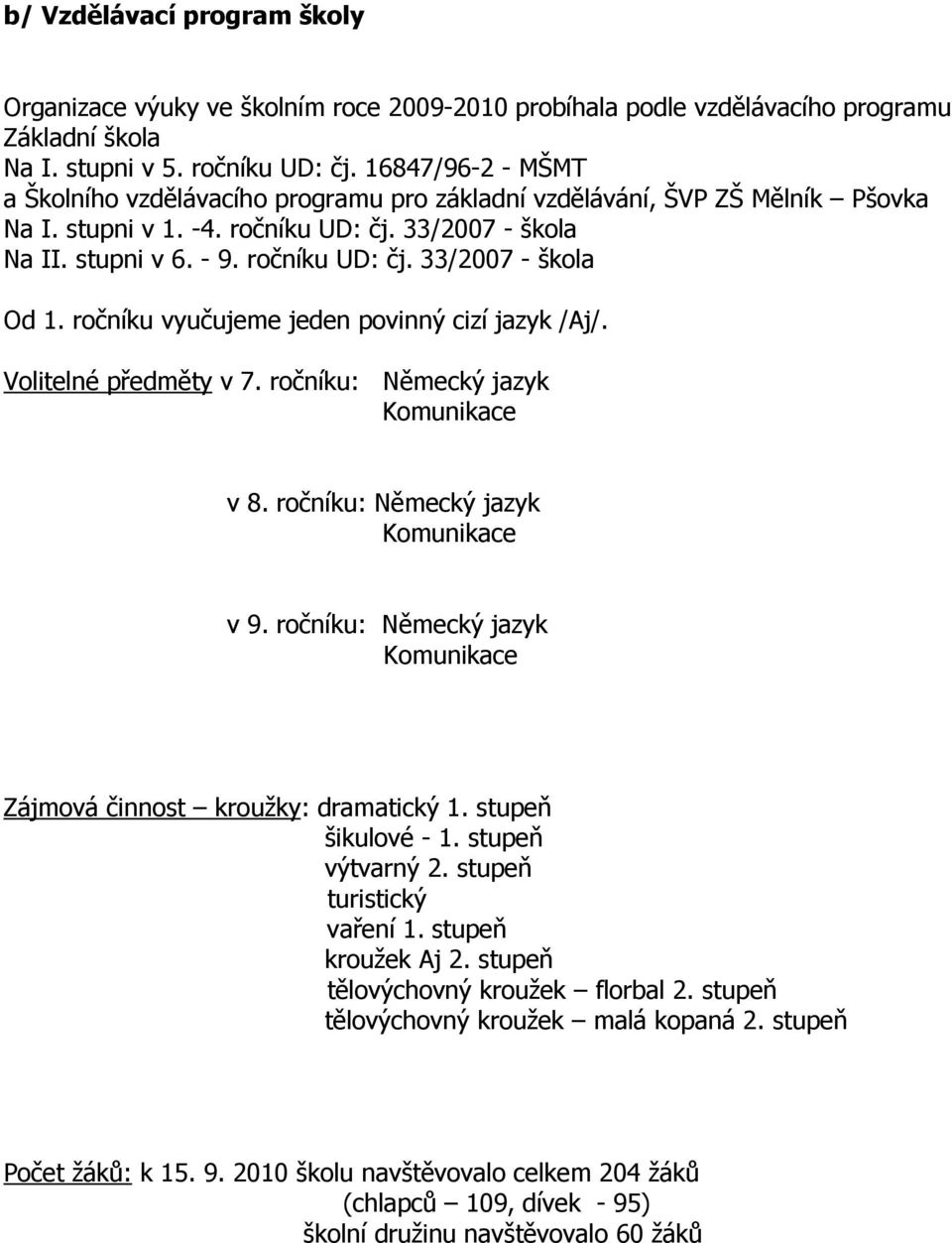 ročníku vyučujeme jeden povinný cizí jazyk /Aj/. Volitelné předměty v 7. ročníku: Německý jazyk Komunikace v 8. ročníku: Německý jazyk Komunikace v 9.