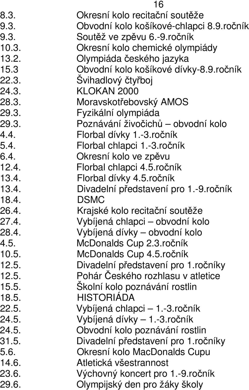 roník 5.4. Florbal chlapci 1.-3.roník 6.4. Okresní kolo ve zpvu 12.4. Florbal chlapci 4.5.roník 13.4. Florbal dívky 4.5.roník 13.4. Divadelní pedstavení pro 1.-9.roník 18.4. DSMC 26.4. Krajské kolo recitaní soutže 27.