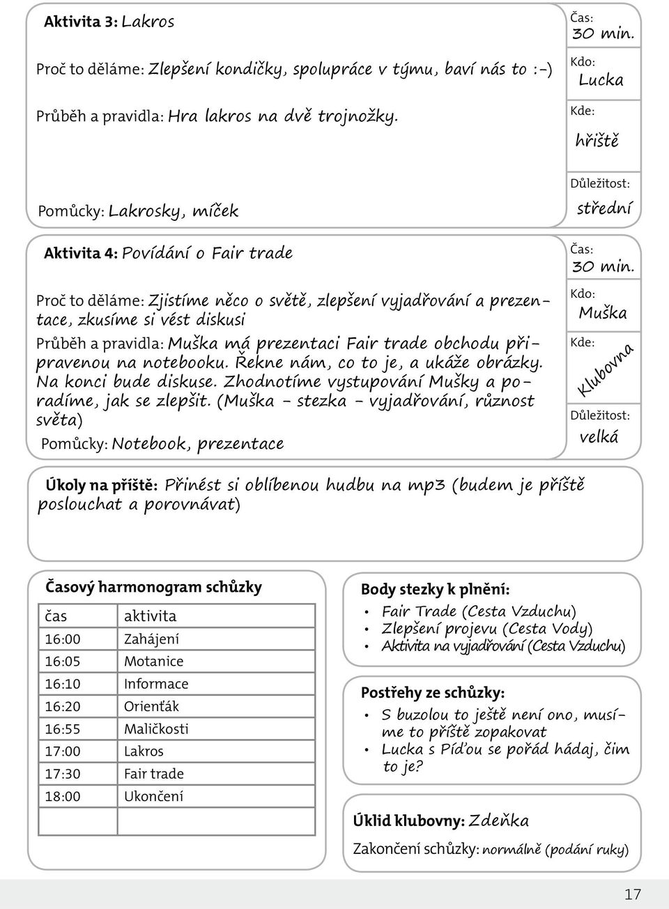 Muška má prezentaci Fair trade obchodu připravenou na notebooku. Řekne nám, co to je, a ukáže obrázky. Na konci bude diskuse. Zhodnotíme vystupování Mušky a poradíme, jak se zlepšit.