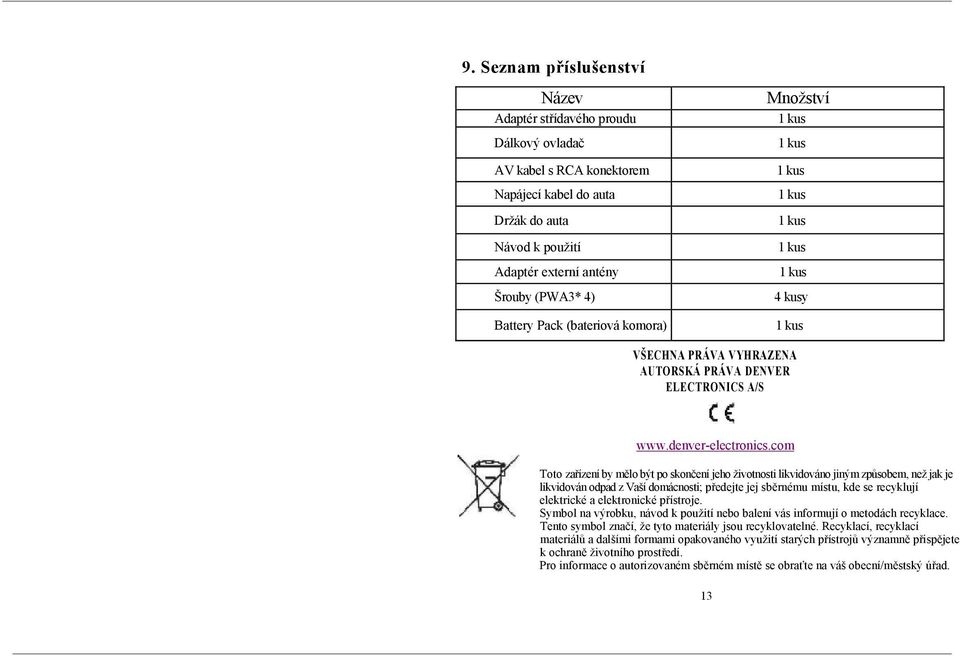 com Toto zařízení by mělo být po skončení jeho životnosti likvidováno jiným způsobem, než jak je likvidován odpad z Vaší domácnosti; předejte jej sběrnému místu, kde se recyklují elektrické a