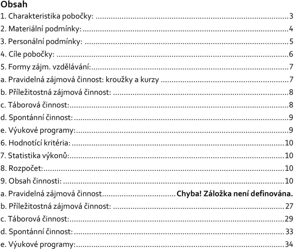 Výukové programy:...9 6. Hodnotící kritéria:...10 7. Statistika výkonů:...10 8. Rozpočet:...10 9. Obsah činnosti:...10 a.