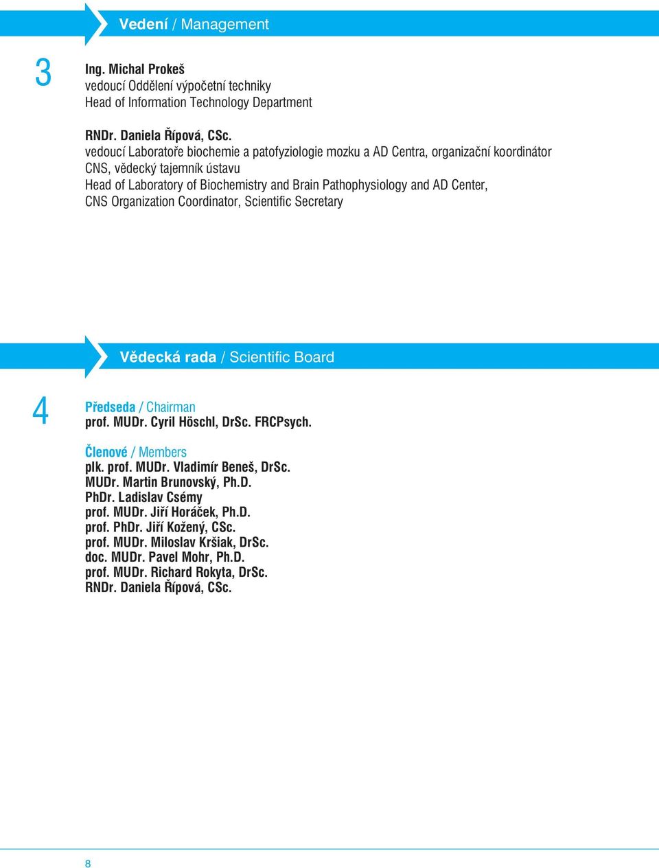 CNS Organization Coordinator, Scientific Secretary Vìdecká rada / Scientific Board Pøedseda / Chairman prof. MUDr. Cyril Höschl, DrSc. FRCPsych. Èlenové / Members plk. prof. MUDr. Vladimír Beneš, DrSc.