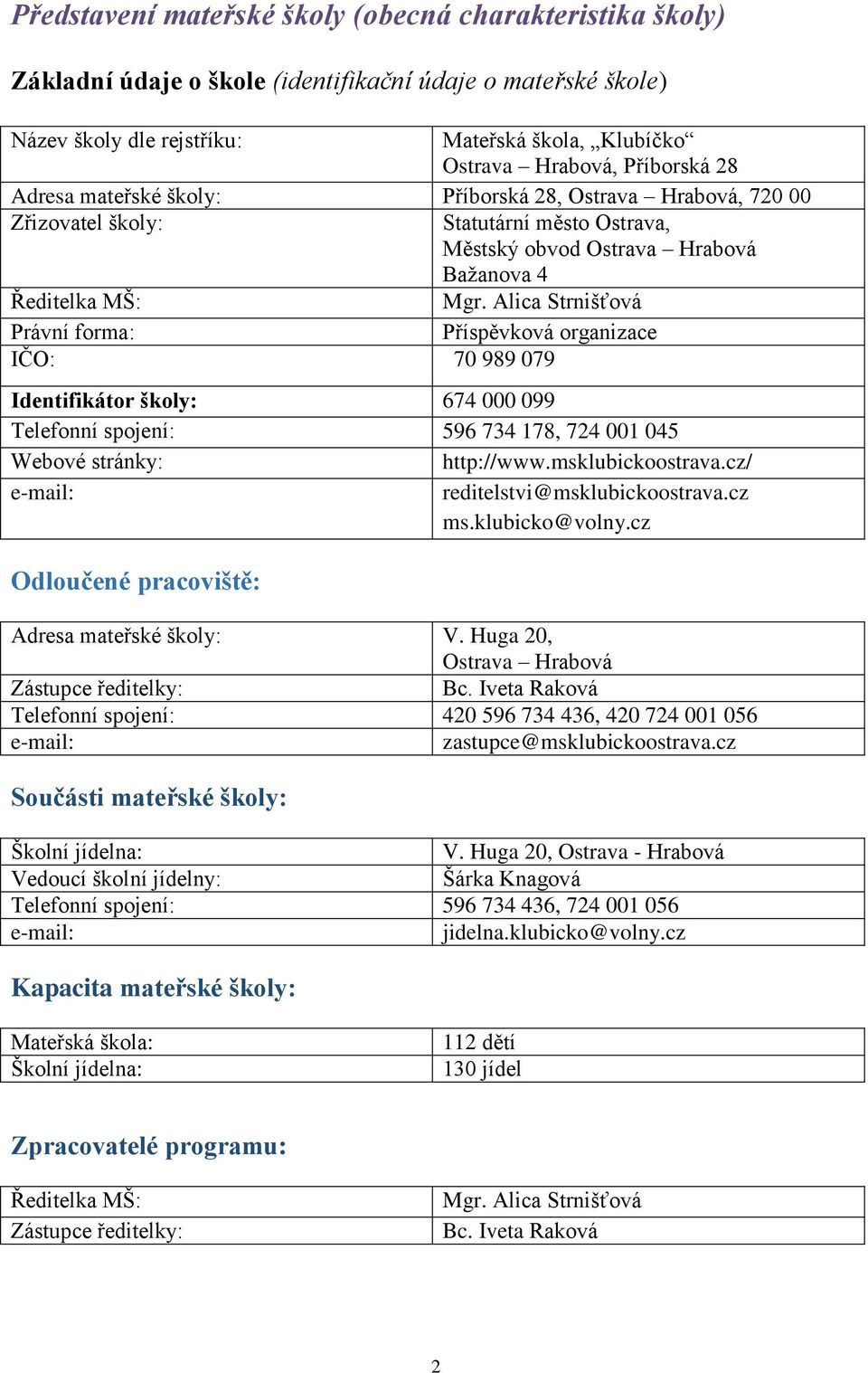 Alica Strnišťová Právní forma: Příspěvková organizace IČO: 70 989 079 Identifikátor školy: 674 000 099 Telefonní spojení: 596 734 178, 724 001 045 Webové stránky: http://www.msklubickoostrava.